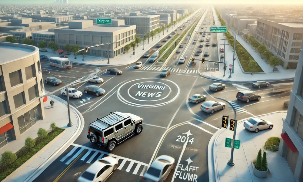 Wide view of Virginia News Continuous Flow Intersection 2014 Hummer, showing a busy urban intersection with continuous flow layout, a 2014 Hummer navigating the design efficiently, and visible traffic signals against a cityscape.