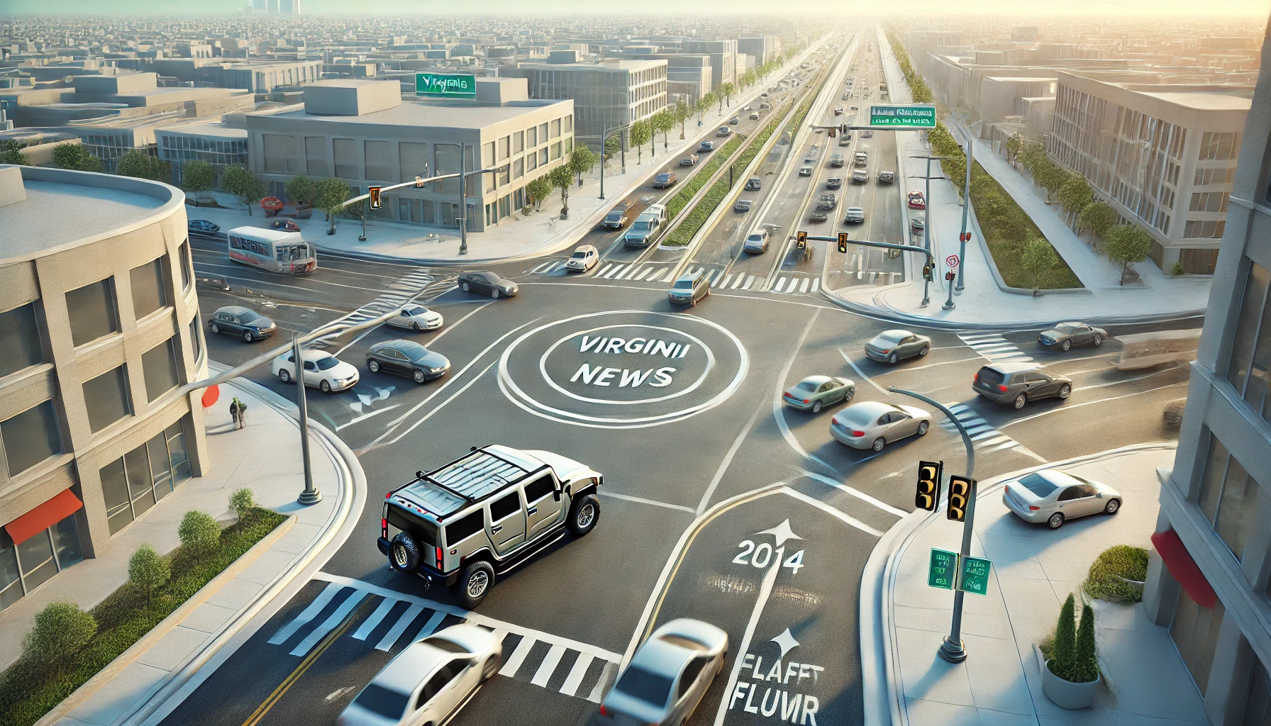 Wide view of Virginia News Continuous Flow Intersection 2014 Hummer, showing a busy urban intersection with continuous flow layout, a 2014 Hummer navigating the design efficiently, and visible traffic signals against a cityscape.