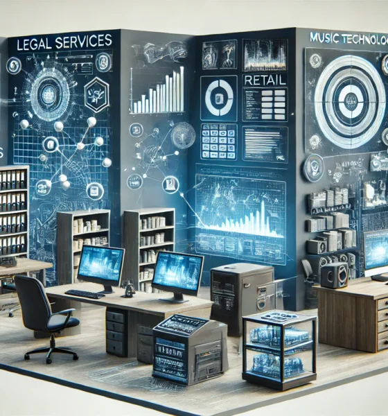 What is 561BRS? It technology applications in legal services, retail, and music technology showing digital transformation across a law office, retail store, and music studio.