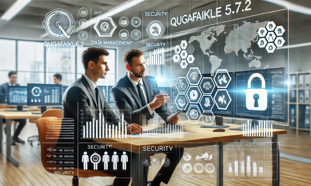 Two male professionals using Qugafaikle5.7.2 software in a modern office for data analysis and secure workflow management. The Concept is used for What is Qugafaikle5.7.2 Software?