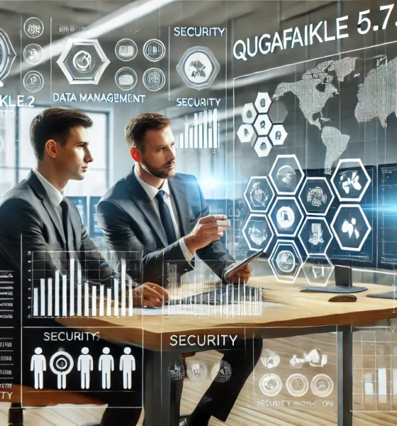 Two male professionals using Qugafaikle5.7.2 software in a modern office for data analysis and secure workflow management. The Concept is used for What is Qugafaikle5.7.2 Software?