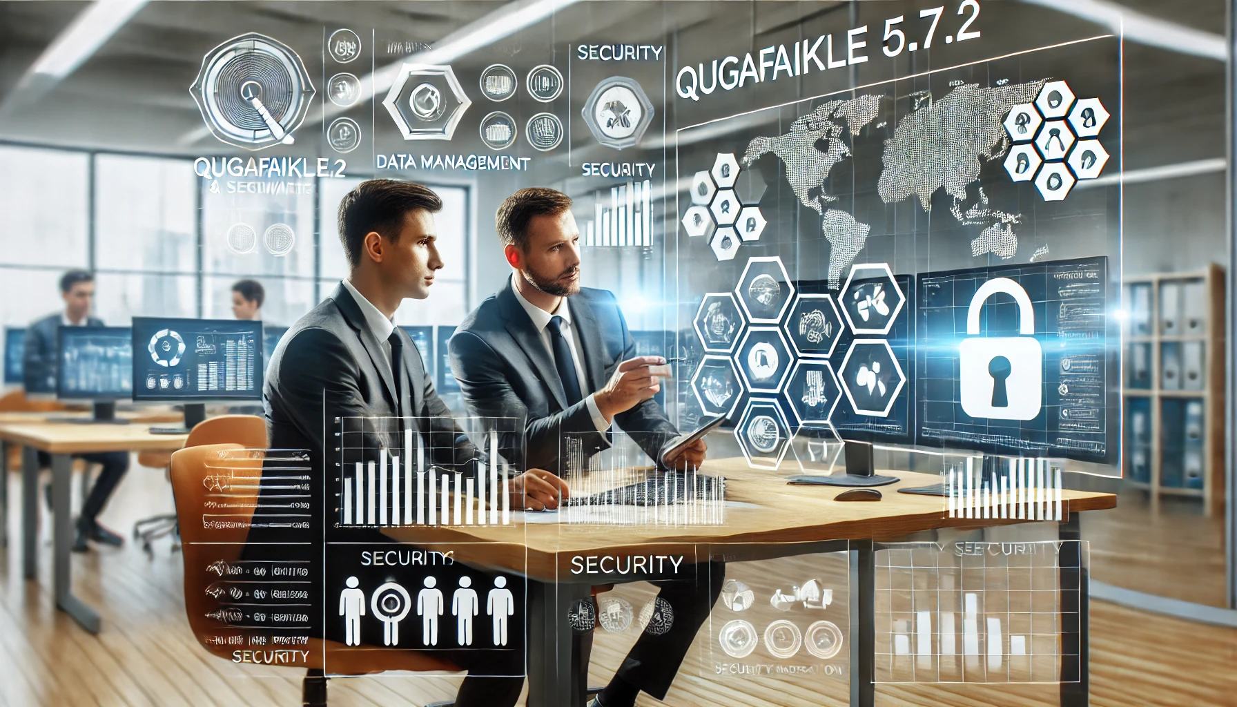 Two male professionals using Qugafaikle5.7.2 software in a modern office for data analysis and secure workflow management. The Concept is used for What is Qugafaikle5.7.2 Software?