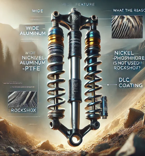 Close-up of RockShox mountain bike suspension parts under rugged conditions, showing anodized aluminum and DLC coating, highlighting durability and environmental resistance. Concept is used for Why is Nickel-Phosphor-PTFE Not Used in RockShox?