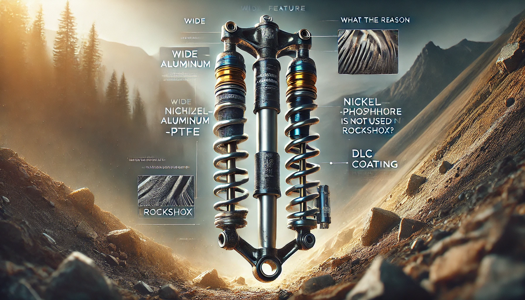 Close-up of RockShox mountain bike suspension parts under rugged conditions, showing anodized aluminum and DLC coating, highlighting durability and environmental resistance. Concept is used for Why is Nickel-Phosphor-PTFE Not Used in RockShox?