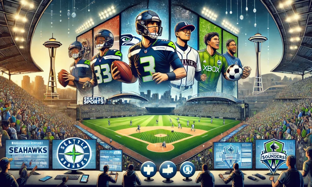 A vibrant collage featuring Seattle sports icons, including the Seahawks, Mariners, and Sounders, accompanied by lively fans in stadiums and digital interface elements representing live scores and news. Concept used for What is www seattlesportsonline.com/? A Comprehensive Overview of the Sports Platform.