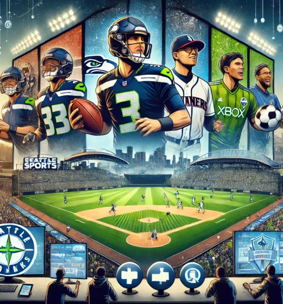 A vibrant collage featuring Seattle sports icons, including the Seahawks, Mariners, and Sounders, accompanied by lively fans in stadiums and digital interface elements representing live scores and news. Concept used for What is www seattlesportsonline.com/? A Comprehensive Overview of the Sports Platform.