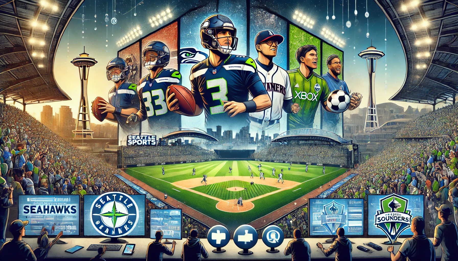 A vibrant collage featuring Seattle sports icons, including the Seahawks, Mariners, and Sounders, accompanied by lively fans in stadiums and digital interface elements representing live scores and news. Concept used for What is www seattlesportsonline.com/? A Comprehensive Overview of the Sports Platform.